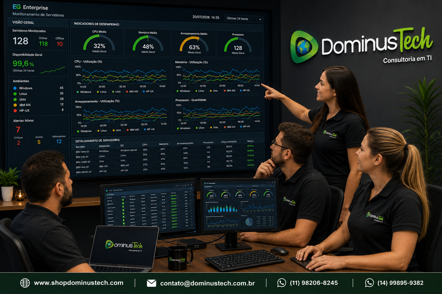 Equipe da Dominus Tech analisando dashboards do EG Enterprise para monitoramento de servidores corporativos, acompanhando indicadores de CPU, memória, armazenamento, processos e disponibilidade da infraestrutura de TI em tempo real.