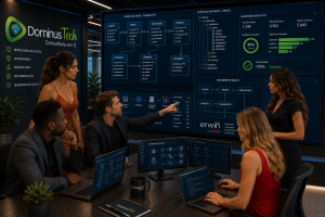 Equipe da Dominus Tech analisando modelos de dados Oracle em monitores com diagramas ER, dashboards de governança e arquitetura de dados corporativos