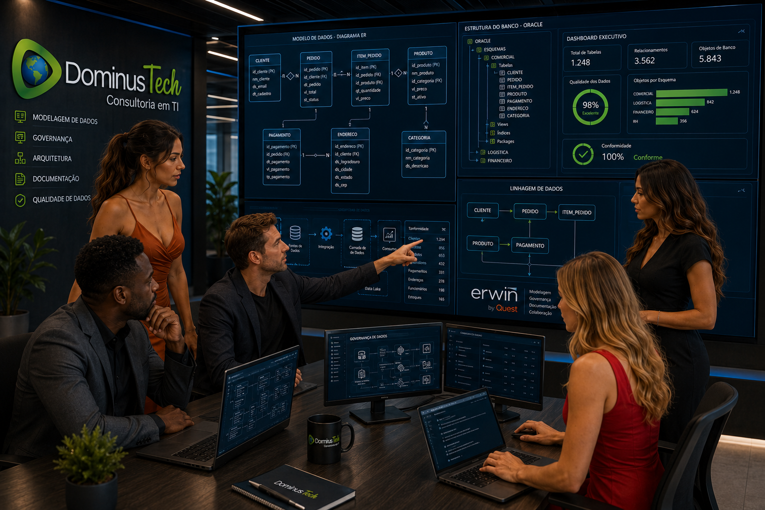 Equipe da Dominus Tech analisando modelos de dados Oracle em monitores com diagramas ER, dashboards de governança e arquitetura de dados corporativos