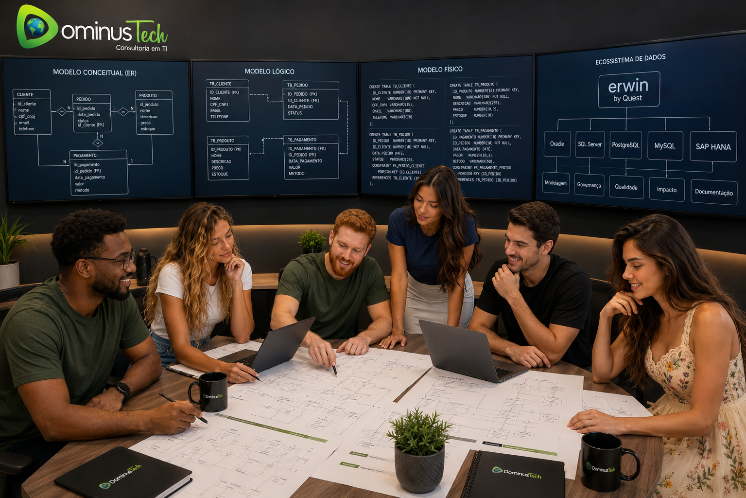 Equipe multidisciplinar da Dominus Tech reunida em uma sala de arquitetura de dados, analisando diagramas entidade-relacionamento (ER), modelos conceituais, lógicos e físicos em painéis digitais, utilizando o Erwin by Quest para projetos corporativos de modelagem, governança e documentação de bancos de dados.