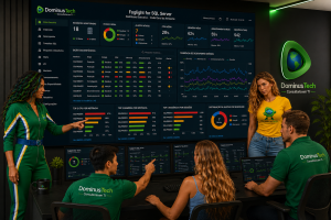 Equipe da Dominus Tech Consultoria em TI monitorando um dashboard executivo do Foglight for SQL Server em um Centro de Operações (NOC), analisando desempenho, disponibilidade, CPU, memória, armazenamento, sessões ativas, alertas e indicadores operacionais de bancos de dados corporativos.
