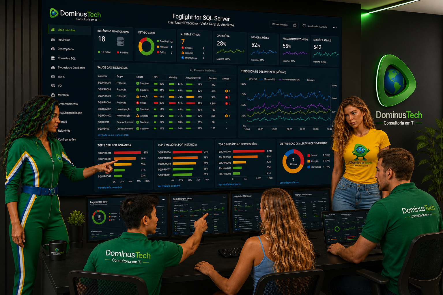 Equipe da Dominus Tech Consultoria em TI monitorando um dashboard executivo do Foglight for SQL Server em um Centro de Operações (NOC), analisando desempenho, disponibilidade, CPU, memória, armazenamento, sessões ativas, alertas e indicadores operacionais de bancos de dados corporativos.