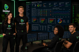 Equipe da Dominus Tech Consultoria em TI monitorando múltiplas instâncias PostgreSQL utilizando o Quest Foglight em um moderno Centro de Operações (NOC), acompanhando dashboards executivos, métricas de desempenho, sessões, consultas SQL, alertas e indicadores operacionais em tempo real.