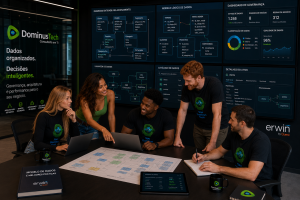 Equipe da Dominus Tech reunida em um ambiente corporativo moderno analisando diagramas de bancos de dados, modelos entidade-relacionamento (ER), documentação técnica, catálogo corporativo e dashboards de governança utilizando o ecossistema Erwin by Quest.