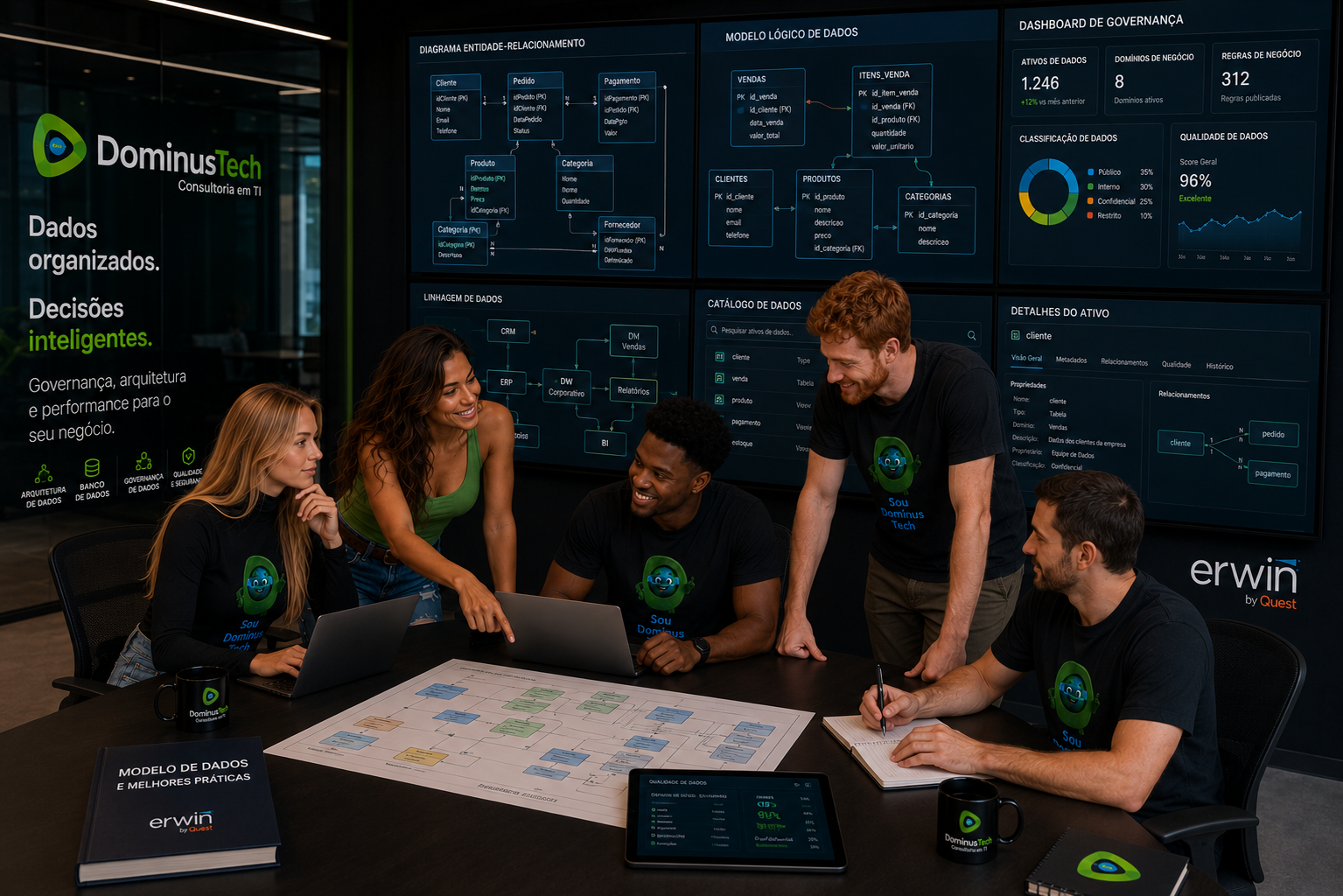Equipe da Dominus Tech reunida em um ambiente corporativo moderno analisando diagramas de bancos de dados, modelos entidade-relacionamento (ER), documentação técnica, catálogo corporativo e dashboards de governança utilizando o ecossistema Erwin by Quest.
