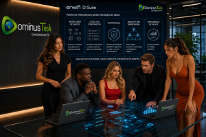 Equipe da Dominus Tech analisando plataforma integrada de governança de dados, modelagem, catálogo corporativo e inteligência de dados com erwin DI Suite em ambiente corporativo inovador
