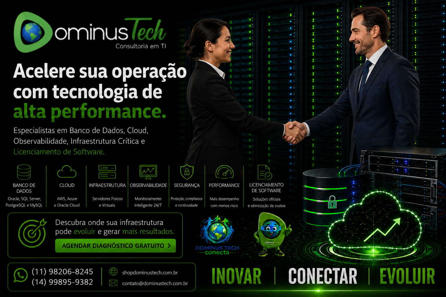 Executivos fechando parceria comercial com aperto de mãos em datacenter corporativo, representando os serviços da Dominus Tech em banco de dados, cloud, observabilidade, infraestrutura crítica e licenciamento de software.