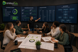 Equipe da Dominus Tech reunida em uma sala de estratégia de dados analisando dashboards de governança, indicadores de qualidade, catálogo de dados e fluxos de Data Lineage em painéis digitais, utilizando o ecossistema Erwin by Quest para apoiar a governança e a gestão de dados corporativos.