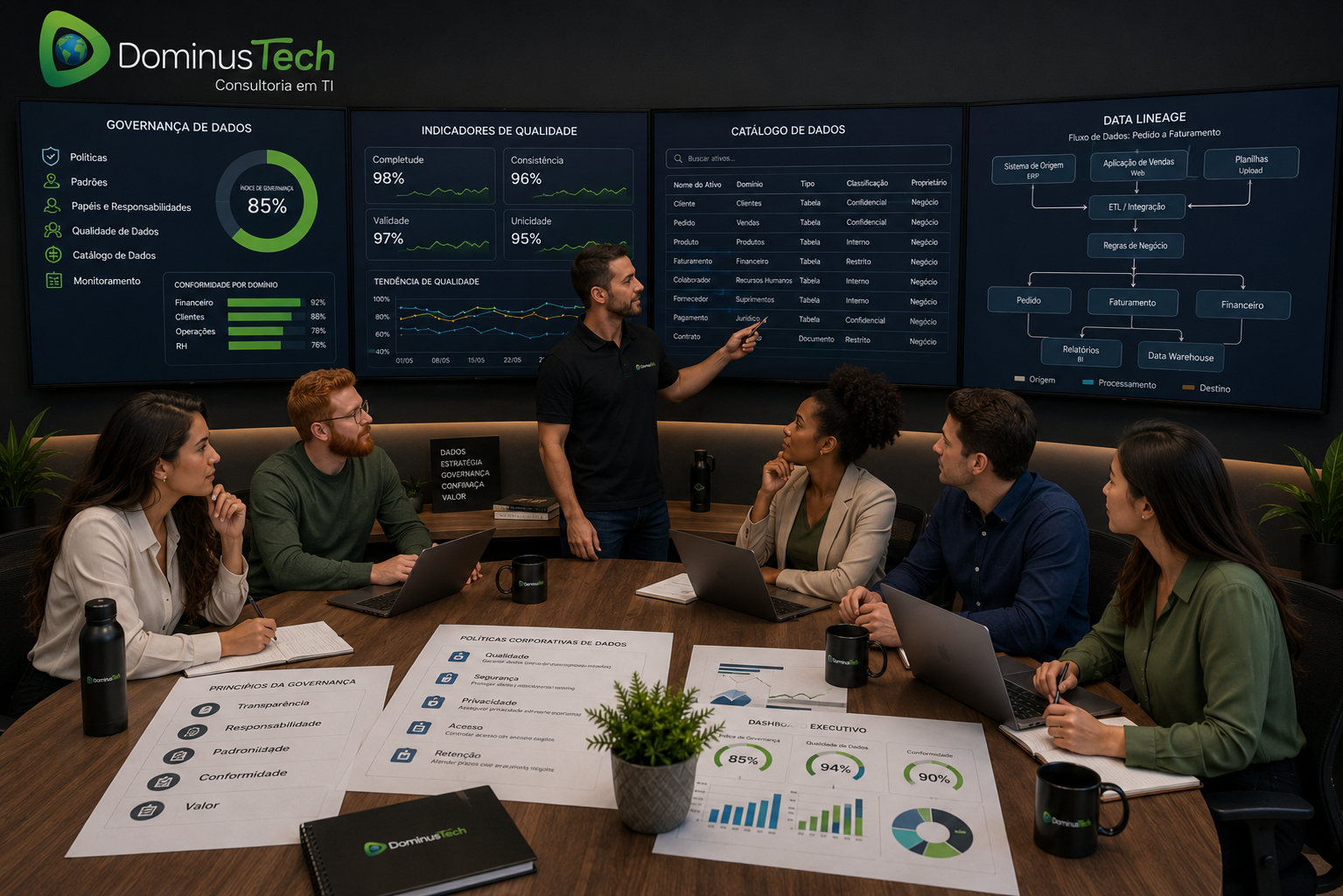 Equipe multidisciplinar da Dominus Tech analisando dashboards de governança de dados, indicadores de qualidade, políticas corporativas, catálogo de dados e métricas estratégicas em uma sala moderna de colaboração, utilizando o ecossistema Erwin by Quest para apoiar a gestão e governança de dados corporativos.