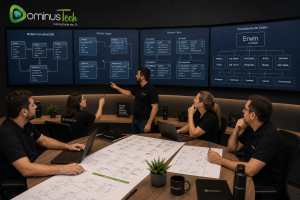 Text) Equipe da Dominus Tech reunida em uma sala de arquitetura de dados analisando diagramas entidade-relacionamento (ER), modelos conceituais, lógicos e físicos, integrando Oracle, SQL Server, PostgreSQL, MySQL e SAP HANA ao ecossistema Erwin by Quest para projetos de modelagem de dados corporativos.