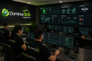 Equipe da Dominus Tech monitorando ambientes de TI em um Centro de Operações (NOC), acompanhando dashboards de infraestrutura, disponibilidade, desempenho, segurança e observabilidade para empresas.