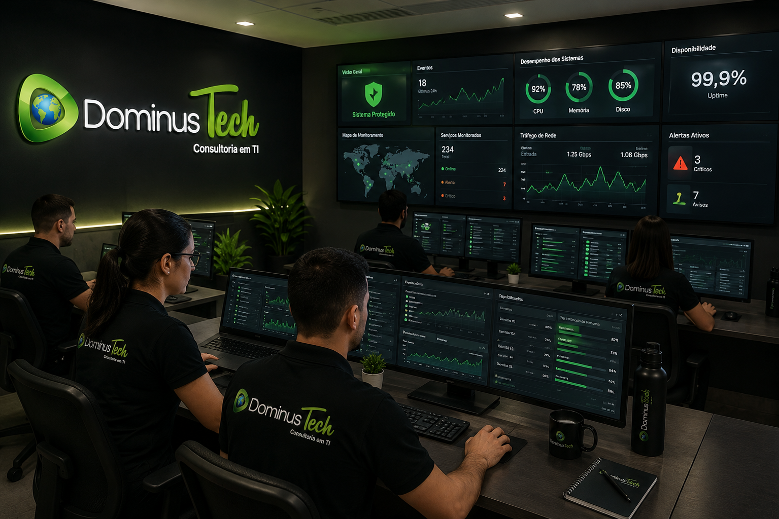Equipe da Dominus Tech monitorando ambientes de TI em um Centro de Operações (NOC), acompanhando dashboards de infraestrutura, disponibilidade, desempenho, segurança e observabilidade para empresas.