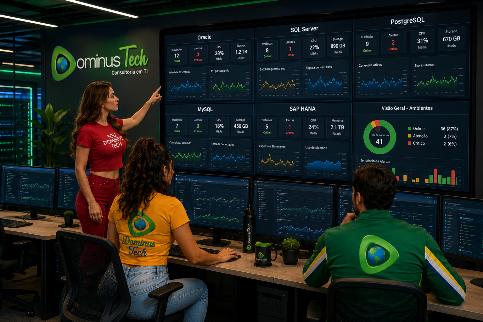 Equipe da Dominus Tech monitorando dashboards corporativos de Oracle, SQL Server, PostgreSQL, MySQL e SAP HANA em um Centro de Operações (NOC) moderno, com monitoramento em tempo real e observabilidade de ambientes de banco de dados.