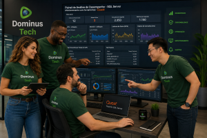 Equipe da Dominus Tech monitorando painel de análise de desempenho SQL Server com ferramentas Quest em ambiente corporativo moderno