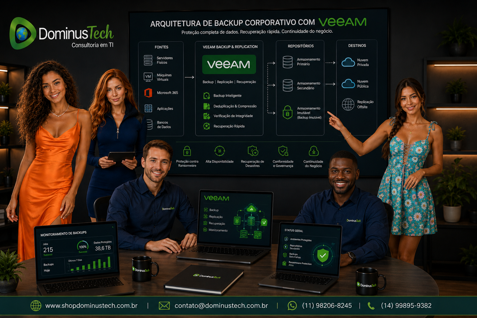 Equipe da Dominus Tech apresentando uma arquitetura corporativa baseada em Veeam para backup e recuperação de dados, integrando servidores, máquinas virtuais, Microsoft 365, ambientes em nuvem e armazenamento imutável para proteção contra ransomware e continuidade dos negócios.