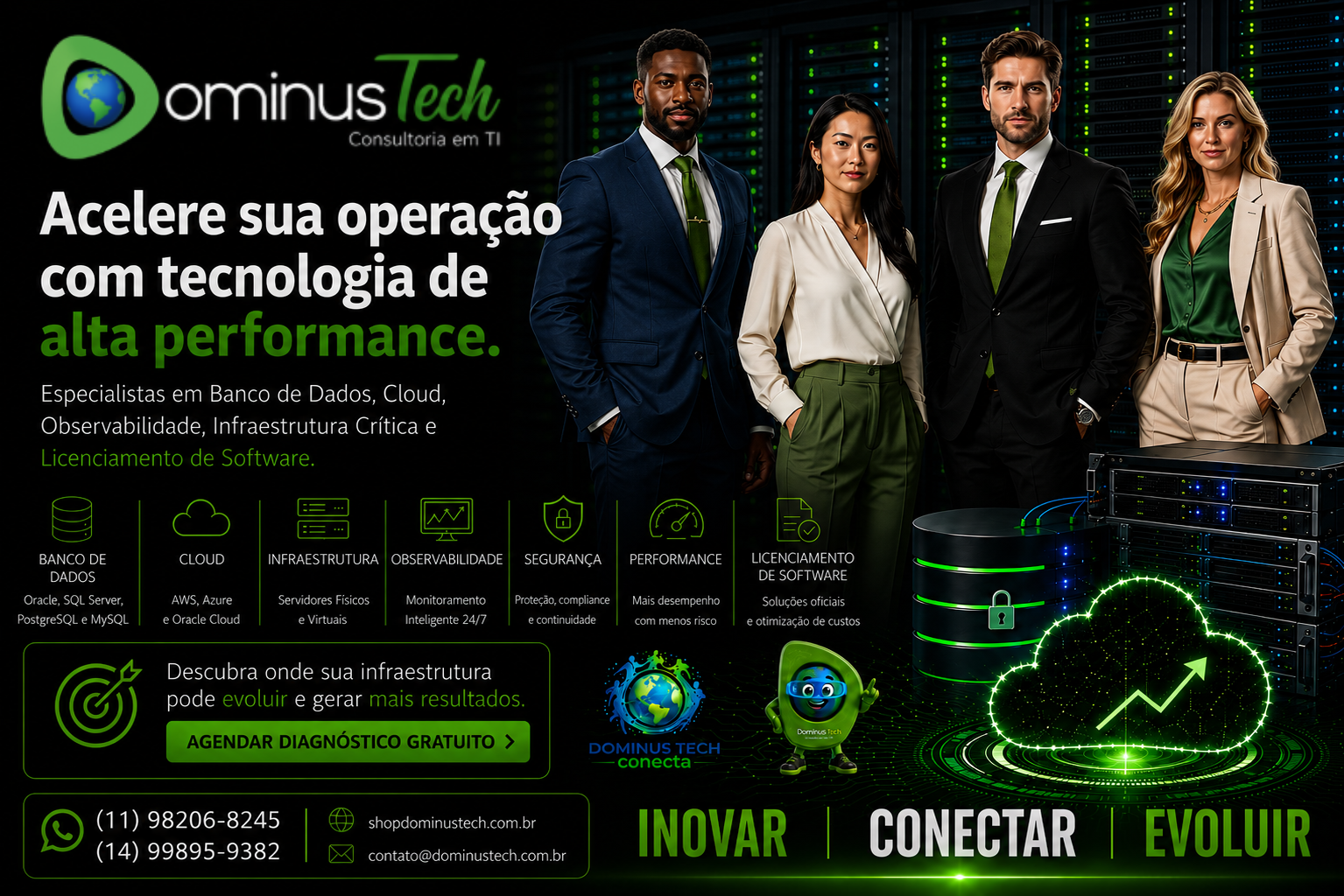 Equipe executiva C-Level em ambiente de data center representando empresas que aumentaram produtividade e performance após contratar a Dominus Tech para soluções de infraestrutura, cloud e banco de dados.