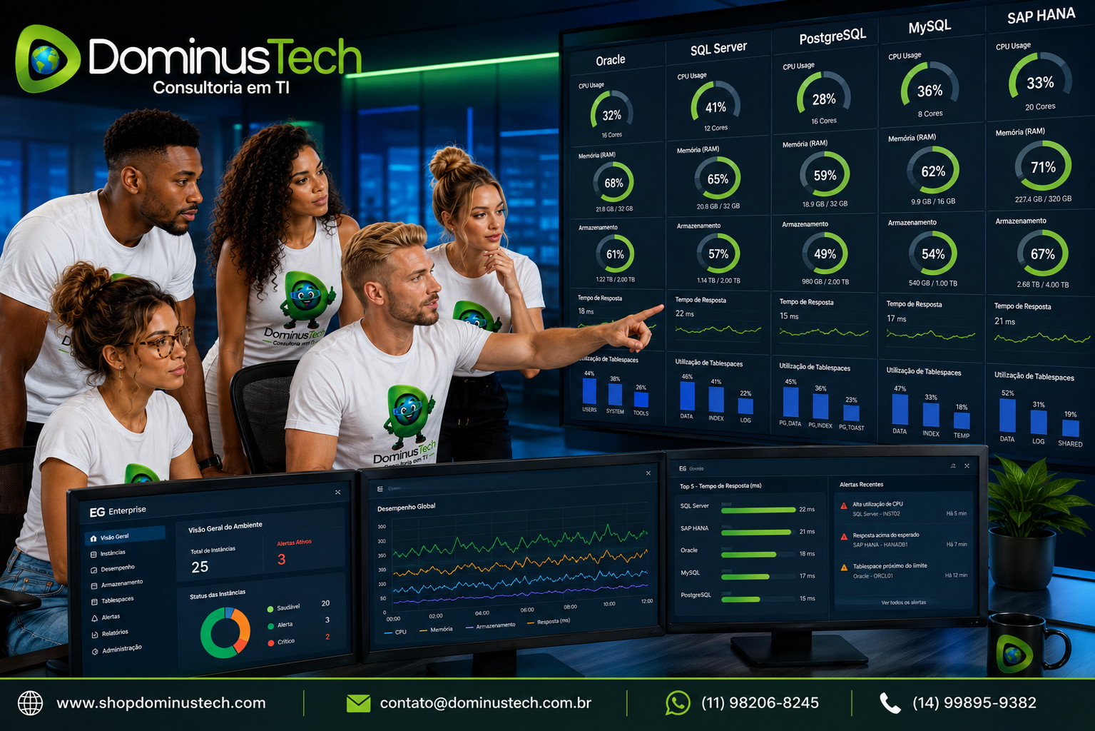 Equipe da Dominus Tech analisando dashboards de monitoramento de bancos de dados com indicadores de CPU, memória, armazenamento, tempo de resposta e utilização de tablespaces em ambientes corporativos.