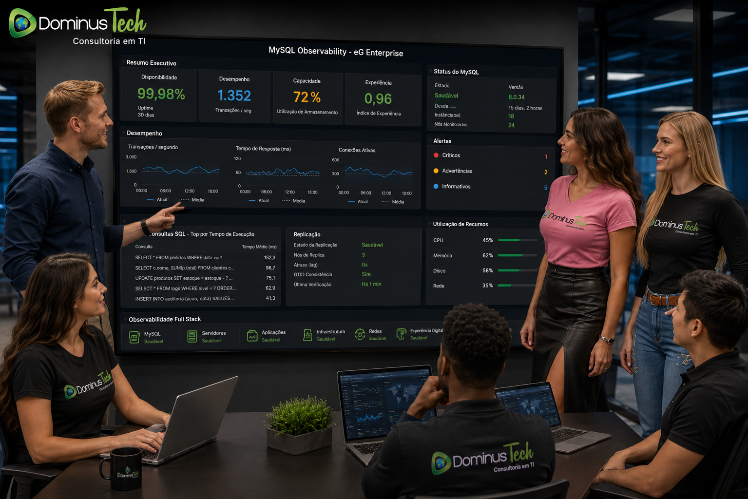 Equipe da Dominus Tech acompanhando dashboards do eG Enterprise para monitoramento de ambientes MySQL corporativos, visualizando indicadores de desempenho, disponibilidade, consultas SQL, replicação e observabilidade Full Stack em tempo real.