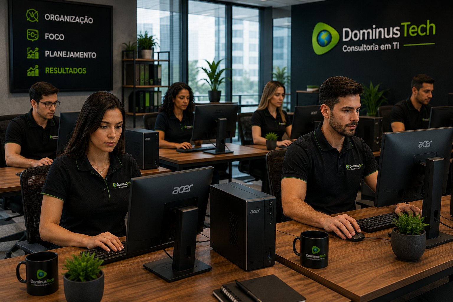 Equipe administrativa utilizando desktops Acer em um escritório corporativo moderno, colaborando em atividades empresariais com ambiente tecnológico, organizado e voltado para produtividade.