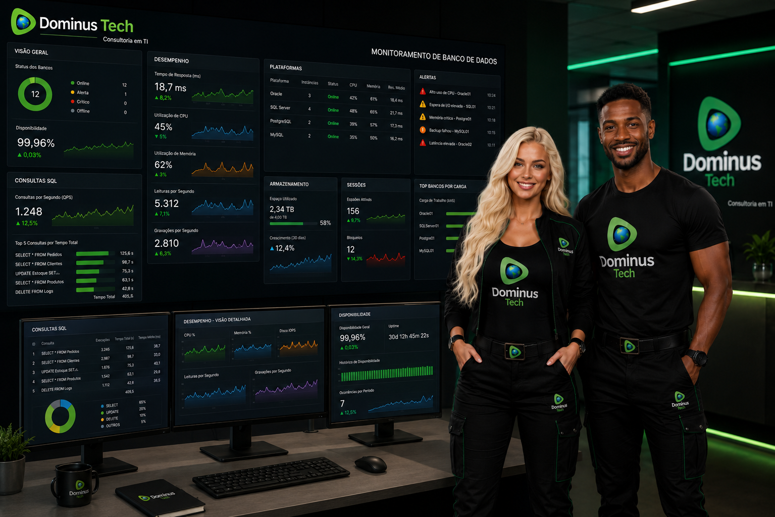 Equipe de banco de dados da Dominus Tech monitorando dashboards de performance com indicadores de consultas SQL, utilização de CPU, memória, armazenamento, tempo de resposta, disponibilidade e desempenho de bancos de dados corporativos em tempo real.
