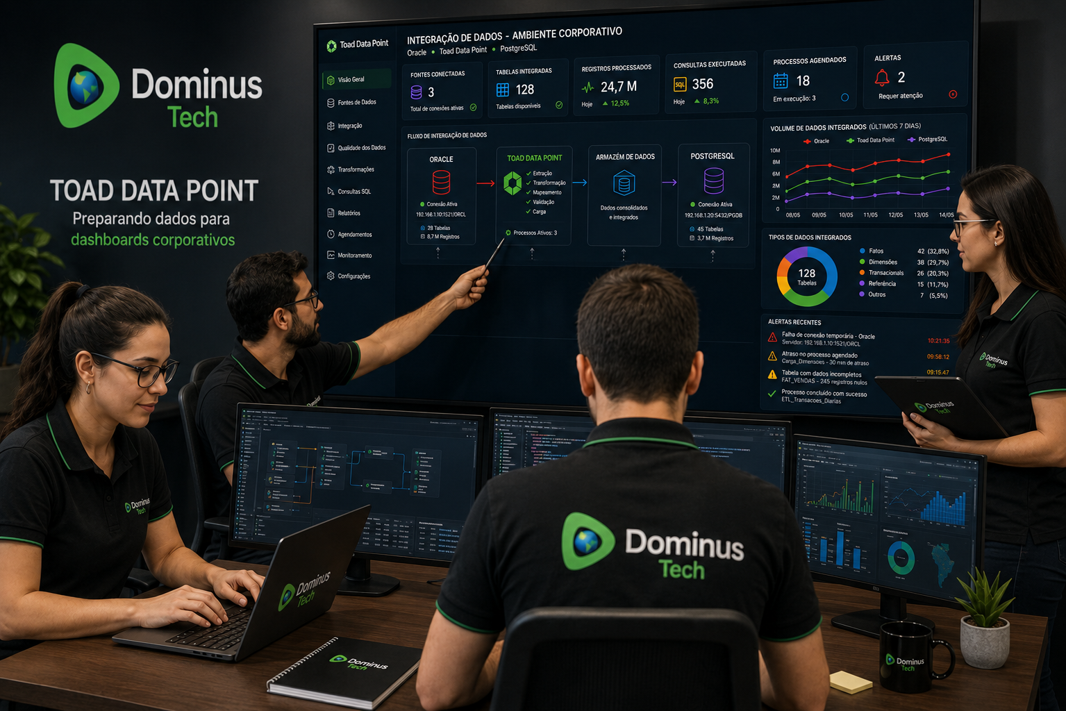 Equipe de BI da Dominus Tech utilizando o Toad Data Point para preparação, integração e análise de dados destinados à criação de dashboards corporativos e inteligência de negócios.