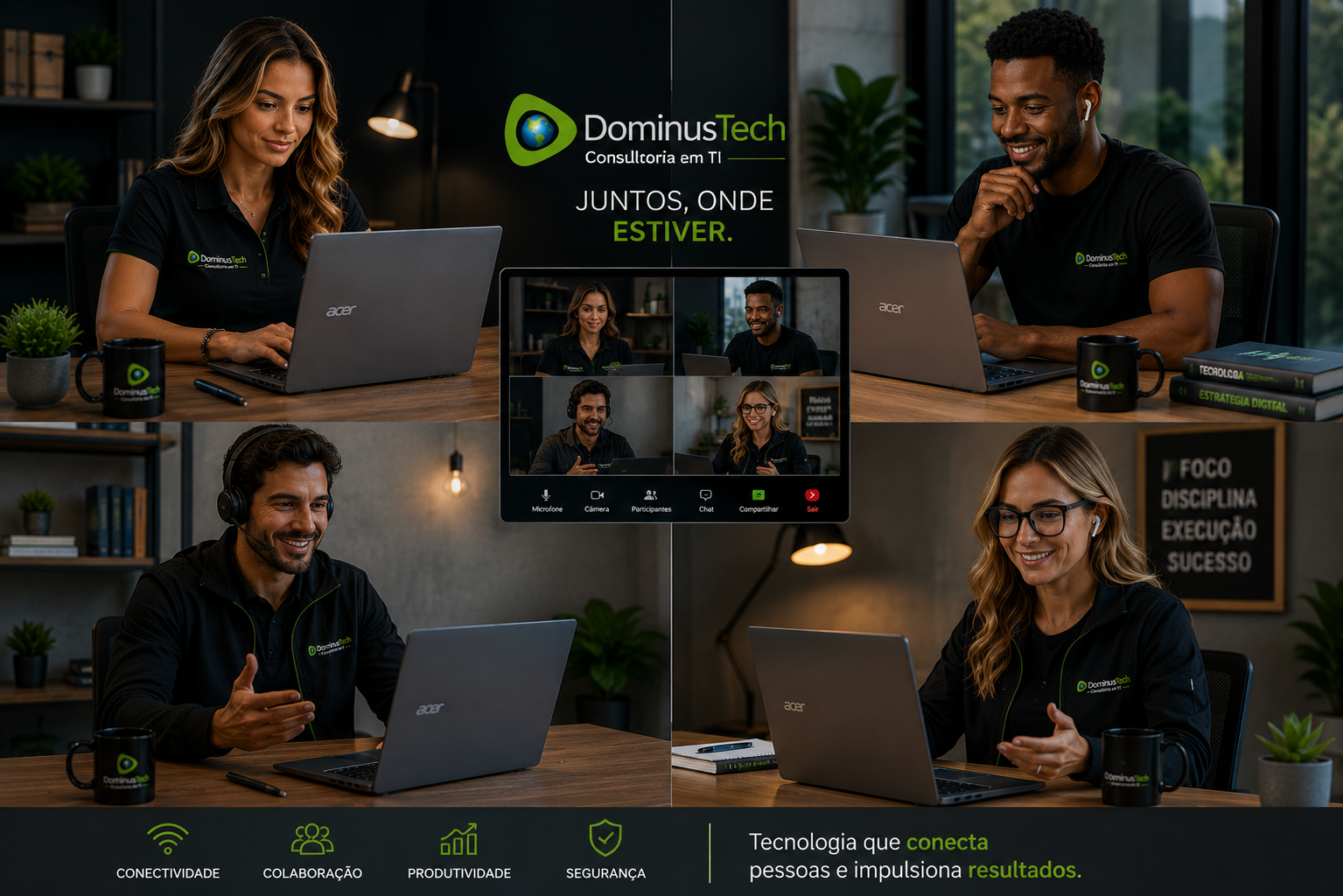 Equipe colaborando remotamente utilizando notebooks Acer em ambiente corporativo moderno, com profissionais da Dominus Tech realizando reuniões online, videoconferências e atividades colaborativas para aumento da produtividade empresarial.