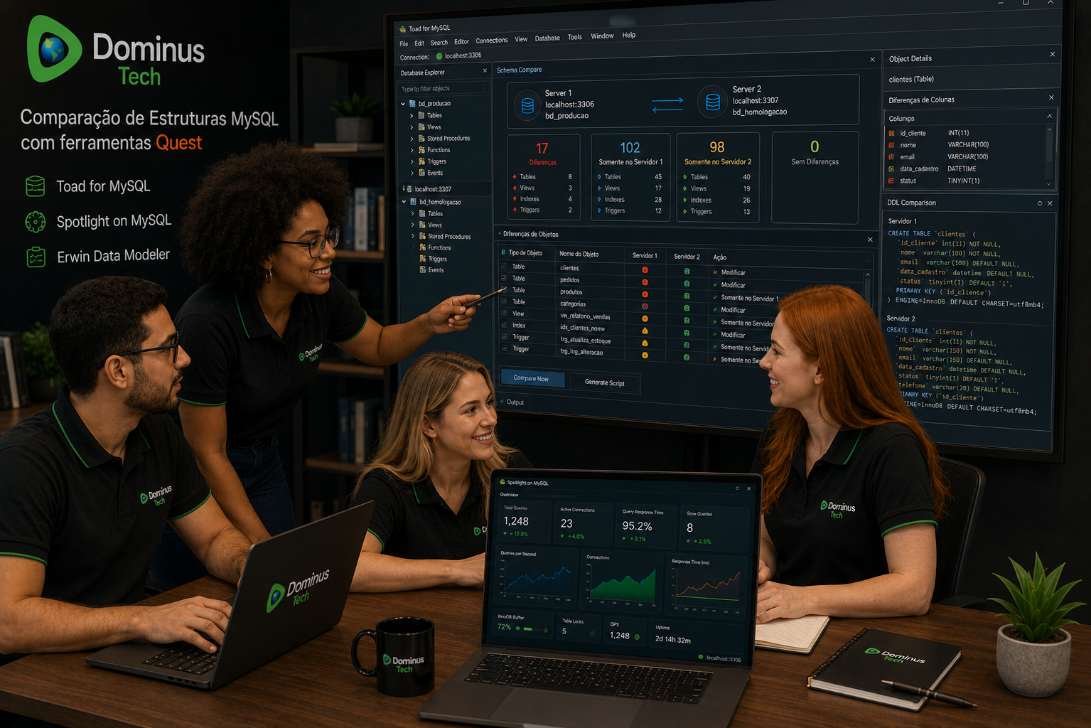 Equipe da Dominus Tech realizando comparação de estruturas MySQL com ferramentas Quest em ambiente corporativo, utilizando interface do Toad for MySQL para análise de esquemas, objetos e sincronização de bancos de dados.