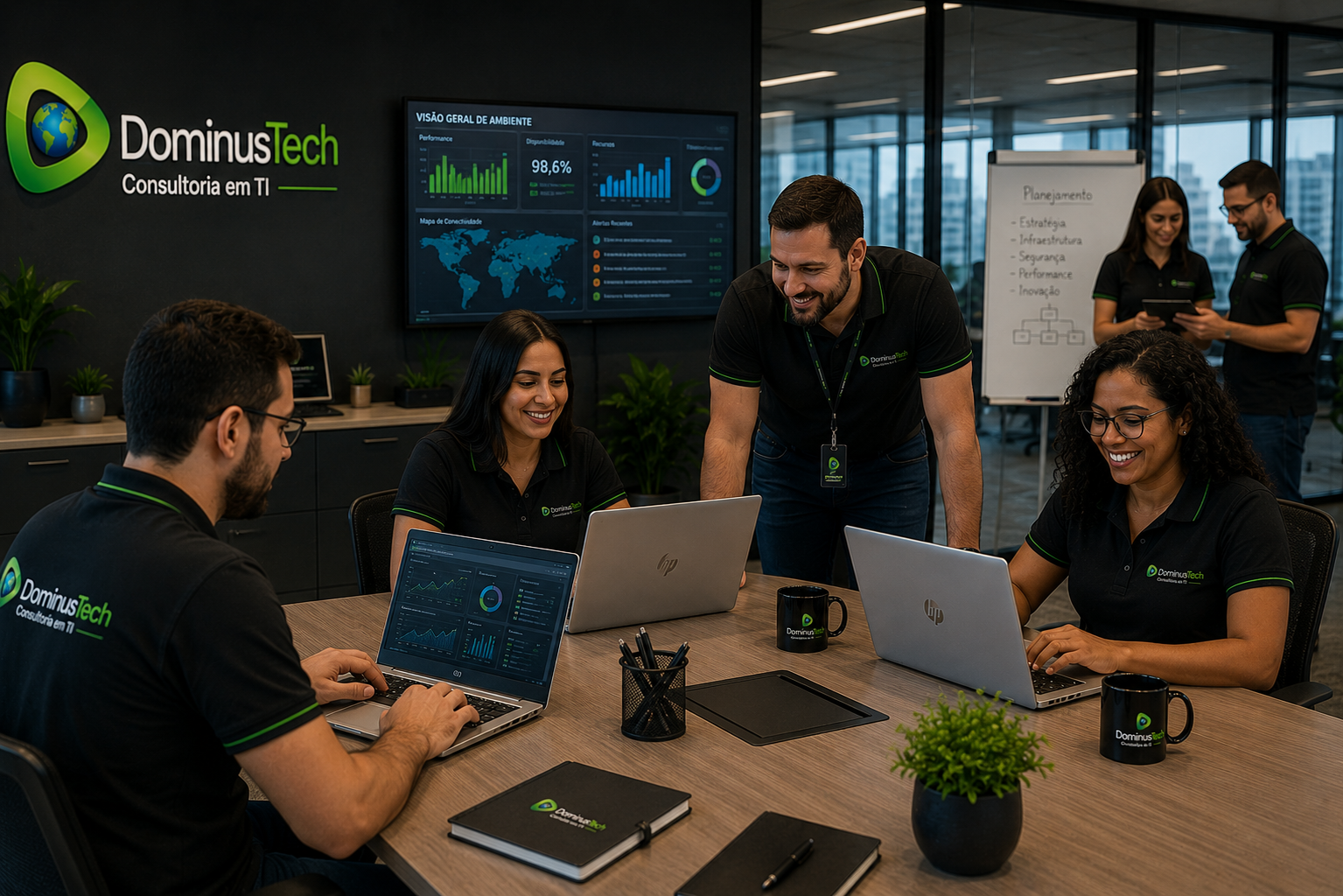 Equipe da Dominus Tech utilizando notebooks HP em ambiente corporativo colaborativo, realizando reuniões, análises e desenvolvimento de projetos de tecnologia em escritório moderno.