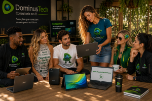 Equipe da Dominus Tech apresentando notebooks, desktop e Chromebook Acer para clientes em ambiente corporativo moderno, demonstrando soluções de tecnologia para empresas e educação.