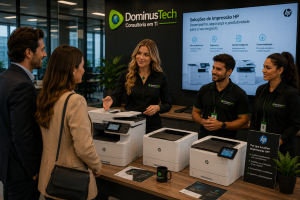 Equipe da Dominus Tech apresentando impressoras HP corporativas para clientes em ambiente empresarial moderno, demonstrando recursos de impressão, digitalização, produtividade e gerenciamento de documentos.
