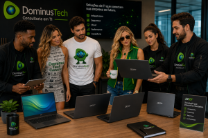 Equipe da Dominus Tech apresentando notebooks Acer para clientes em um ambiente corporativo moderno, destacando soluções de tecnologia, produtividade, mobilidade e consultoria em TI.