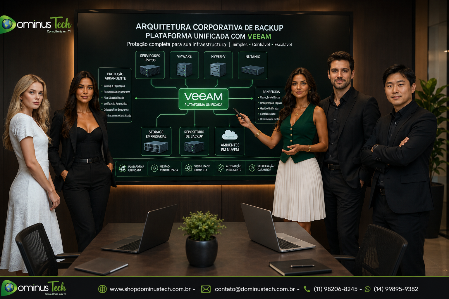 Equipe da Dominus Tech apresentando uma arquitetura corporativa de backup e recuperação de dados utilizando Veeam, com proteção de servidores físicos, ambientes VMware, Hyper-V, Nutanix, storage corporativo e infraestrutura em nuvem, exibida em um painel técnico moderno com diagramas e fluxos de proteção de dados.
