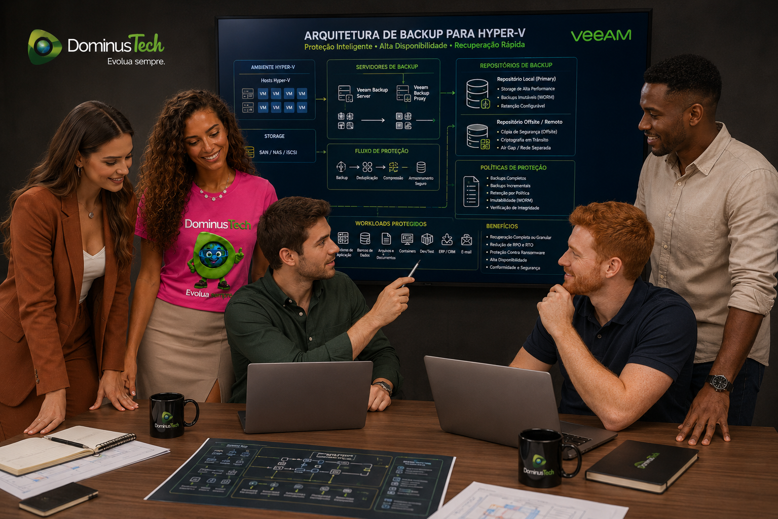 Equipe da Dominus Tech apresentando uma arquitetura corporativa de backup para Hyper-V com servidores de backup, proxies, repositórios, storage empresarial, máquinas virtuais e políticas de proteção para diferentes workloads corporativos utilizando a plataforma Veeam.