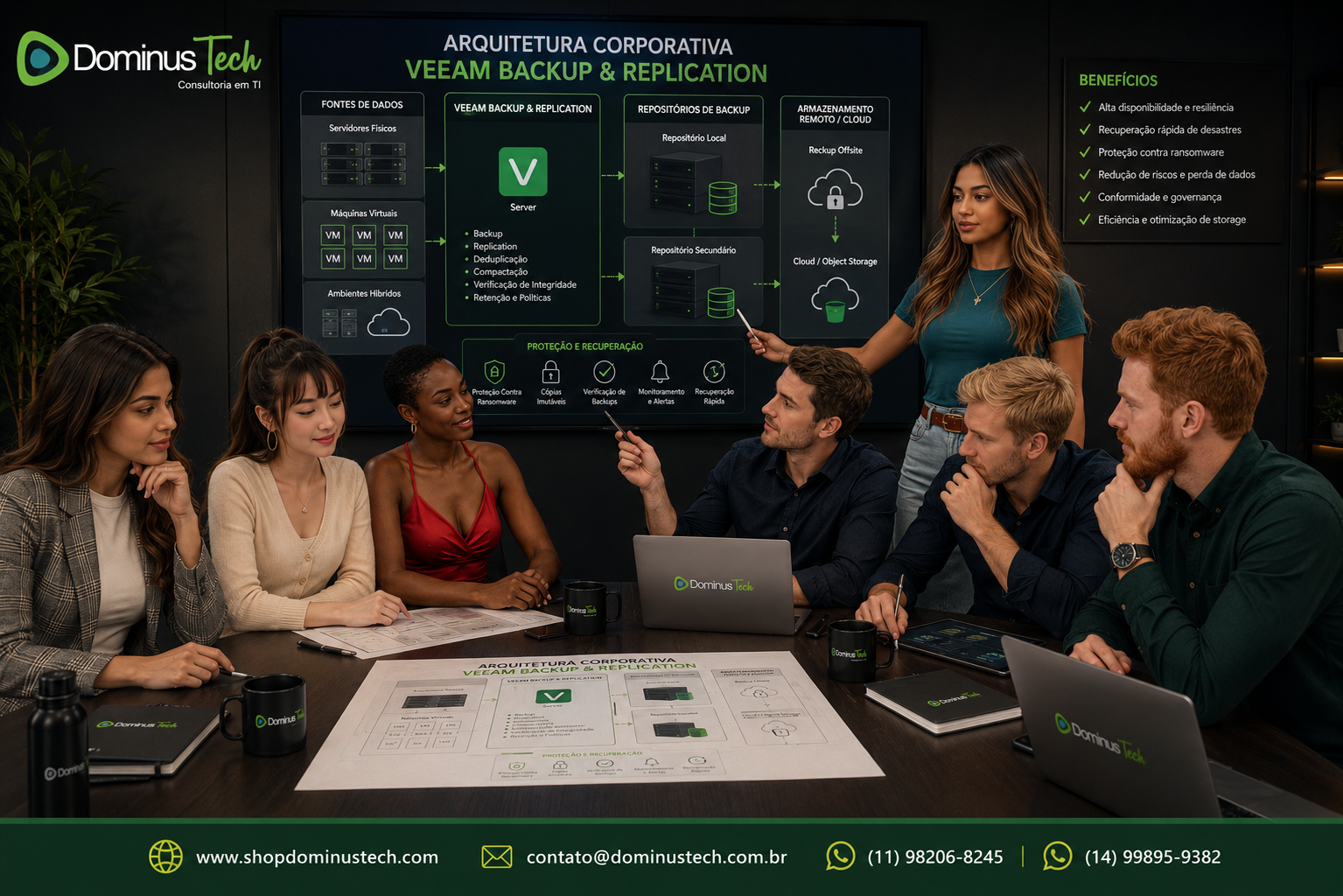 Equipe da Dominus Tech apresentando uma arquitetura corporativa de Veeam Backup & Replication para proteção de servidores físicos e máquinas virtuais, utilizando repositórios de backup, armazenamento remoto, cloud, recuperação de desastres e proteção contra ransomware.
