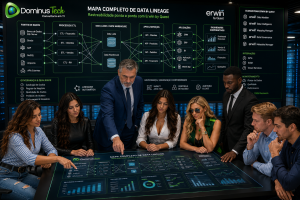 Equipe da Dominus Tech reunida em um centro de operações de dados analisando um mapa completo de Data Lineage com bancos de dados, processos ETL, APIs, aplicações, Data Lakes e dashboards corporativos interligados pelo ecossistema Erwin by Quest.
