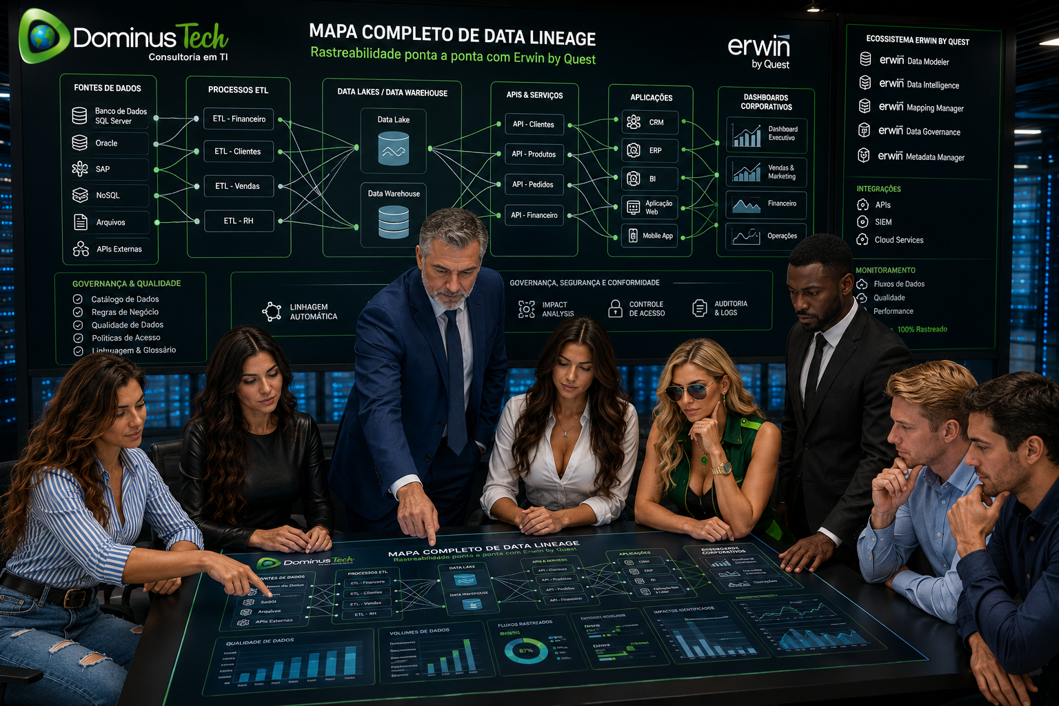 Equipe da Dominus Tech reunida em um centro de operações de dados analisando um mapa completo de Data Lineage com bancos de dados, processos ETL, APIs, aplicações, Data Lakes e dashboards corporativos interligados pelo ecossistema Erwin by Quest.