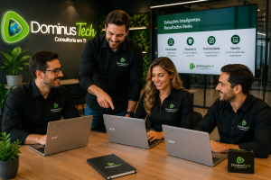 Equipe da Dominus Tech colaborando em ambiente corporativo utilizando Chromebooks Acer para demonstração de soluções tecnológicas, produtividade e gestão de dispositivos.