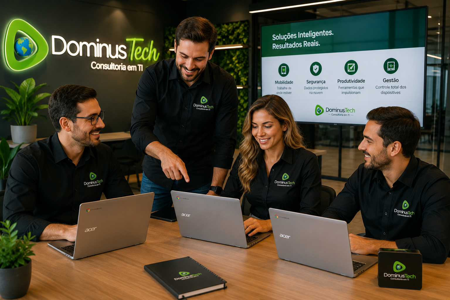Equipe da Dominus Tech colaborando em ambiente corporativo utilizando Chromebooks Acer para demonstração de soluções tecnológicas, produtividade e gestão de dispositivos.