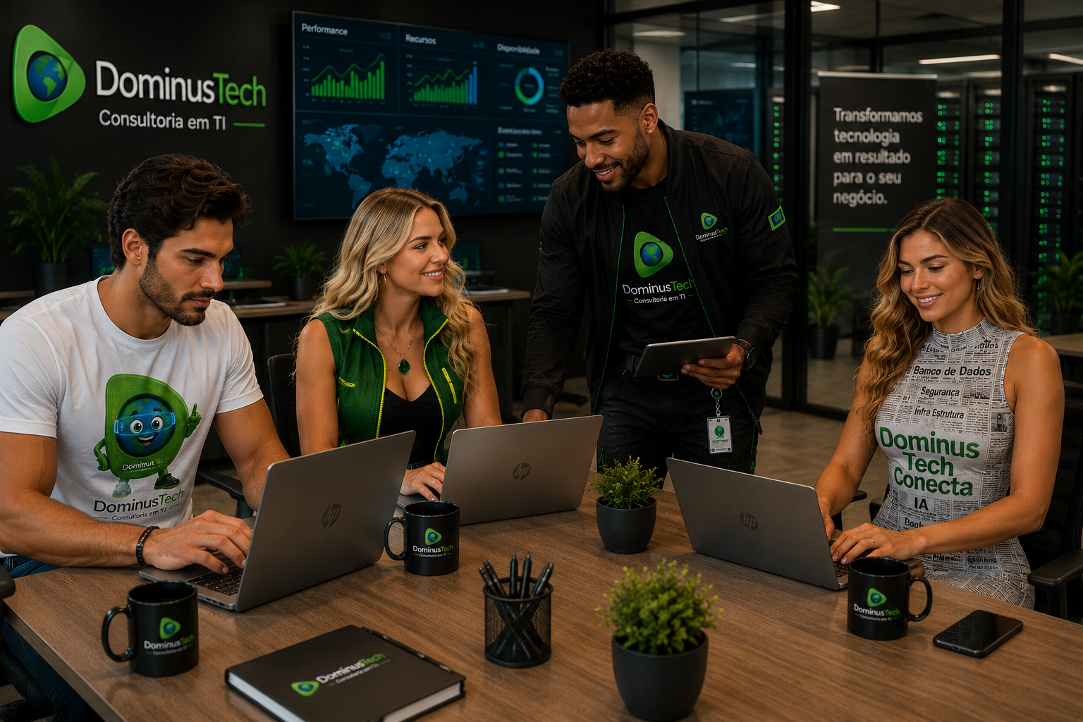 Equipe da Dominus Tech trabalhando de forma colaborativa em ambiente corporativo moderno utilizando notebooks HP, com profissionais reunidos em uma sala de tecnologia para desenvolvimento de projetos, consultoria em TI e transformação digital.