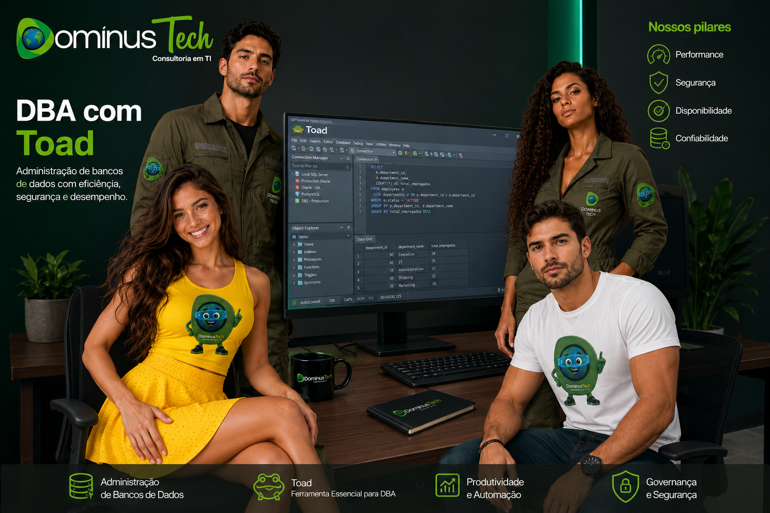 Equipe da Dominus Tech utilizando a interface do Toad para administração de bancos de dados, monitoramento, consultas SQL e gerenciamento de ambientes corporativos de missão crítica.