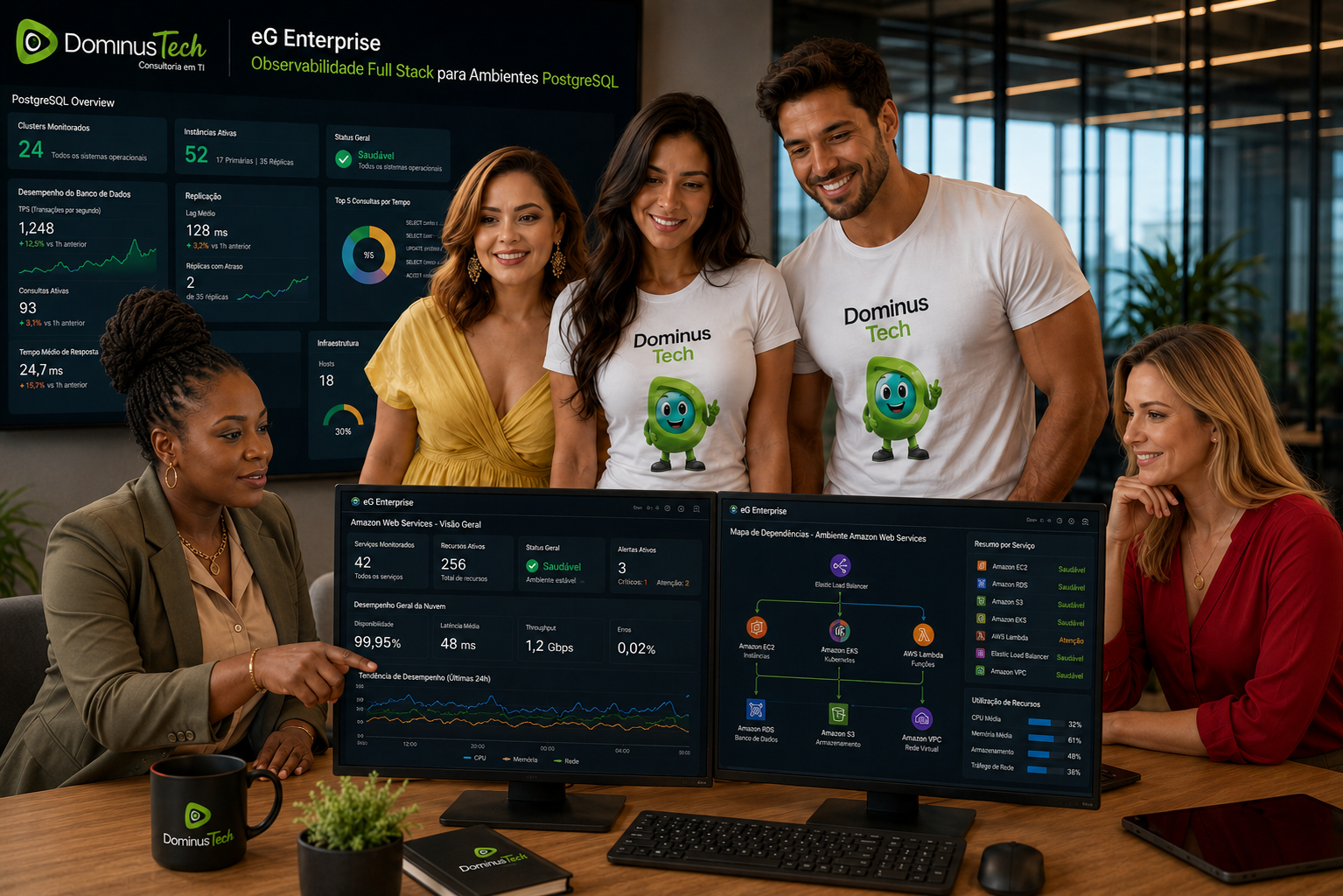 Equipe da Dominus Tech monitorando um ambiente Amazon Web Services (AWS) utilizando o EG Enterprise, acompanhando dashboards de observabilidade com Amazon EC2, Amazon RDS, Amazon S3, Amazon EKS, AWS Lambda, Elastic Load Balancer, Amazon VPC e indicadores de desempenho da infraestrutura em nuvem.