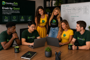 Equipe da Dominus Tech trabalhando com Erwin by Quest em projetos de modelagem de dados, governança de dados, arquitetura corporativa e Data Intelligence em ambiente corporativo moderno.