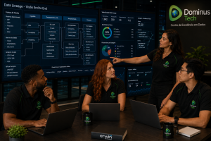 Equipe da Dominus Tech analisando mapas de Data Lineage com Erwin by Quest, utilizando painéis de rastreabilidade, metadados, processos ETL, bancos de dados, APIs, sistemas ERP, CRM e plataformas analíticas em um centro de excelência em dados.