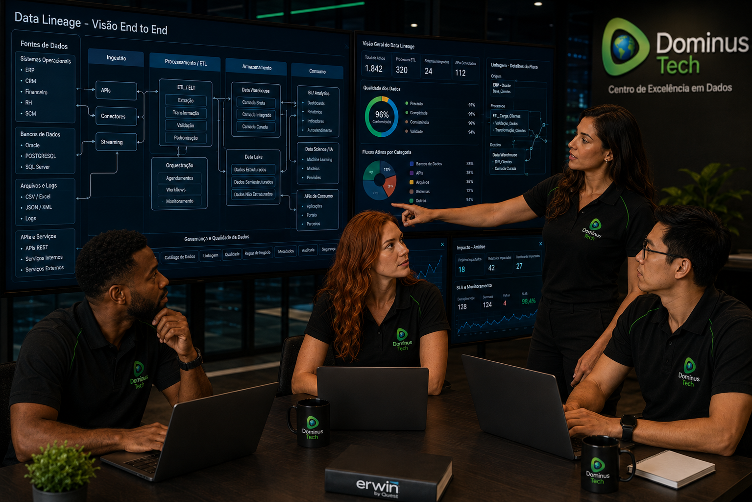 Equipe da Dominus Tech analisando mapas de Data Lineage com Erwin by Quest, utilizando painéis de rastreabilidade, metadados, processos ETL, bancos de dados, APIs, sistemas ERP, CRM e plataformas analíticas em um centro de excelência em dados.