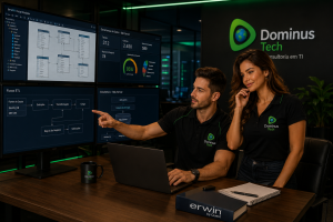 Equipe da Dominus Tech analisando modelos de dados do SQL Server no Erwin Data Modeler by Quest, com diagramas ER, dashboards de governança de dados, arquitetura de banco de dados e fluxos ETL em ambiente corporativo de tecnologia.