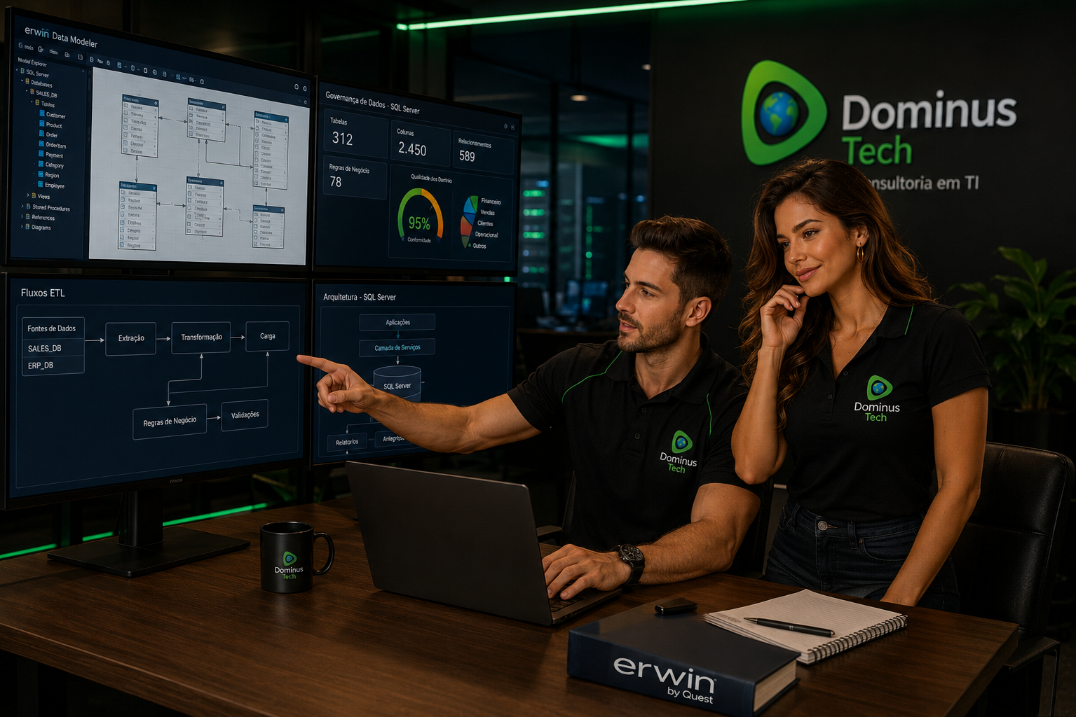 Equipe da Dominus Tech analisando modelos de dados do SQL Server no Erwin Data Modeler by Quest, com diagramas ER, dashboards de governança de dados, arquitetura de banco de dados e fluxos ETL em ambiente corporativo de tecnologia.