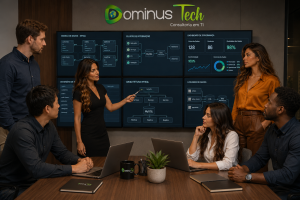 Equipe da Dominus Tech reunida em um ambiente corporativo moderno analisando modelos de dados MySQL com o Erwin by Quest. Os monitores exibem diagramas ER, arquitetura de banco de dados, fluxos de integração, dashboards de governança e documentação técnica.