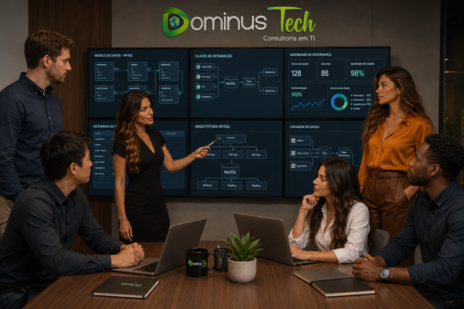 Equipe da Dominus Tech reunida em um ambiente corporativo moderno analisando modelos de dados MySQL com o Erwin by Quest. Os monitores exibem diagramas ER, arquitetura de banco de dados, fluxos de integração, dashboards de governança e documentação técnica.