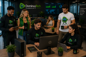 Equipe da Dominus Tech trabalhando em escritório corporativo moderno utilizando computadores HP em estações de trabalho colaborativas, com ambiente tecnológico, produtividade e infraestrutura de TI empresarial.