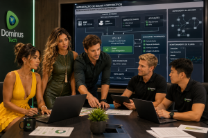 Equipe da Dominus Tech reunida em uma sala de projetos analisando fluxos de integração de dados, processos ETL, arquitetura corporativa e conexões entre bancos de dados, sistemas ERP, CRM e plataformas analíticas em ambiente empresarial.